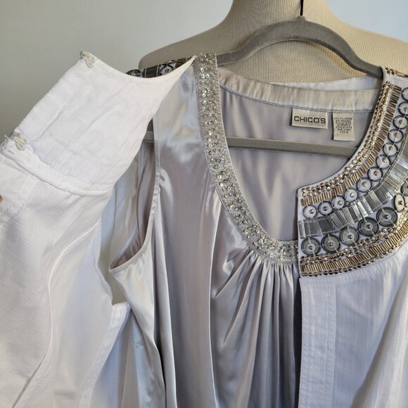 CHICO’s TOP BEADED LILO SILVER MEDALLION JACKET W/Silver Tunic (Size: 2) - Picture 7 of 16